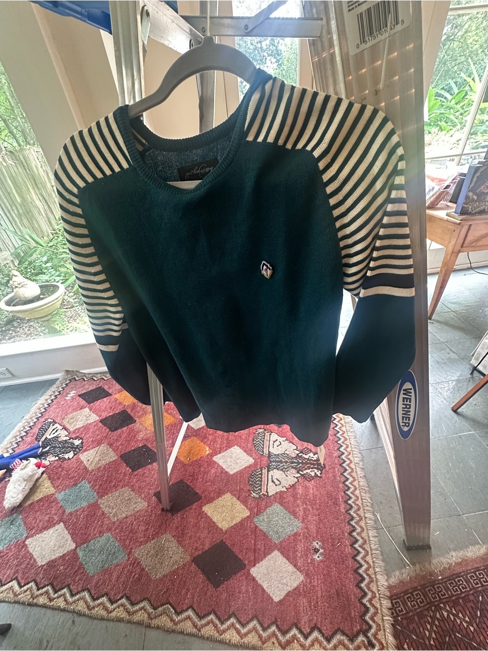 Rachel Comey Green Crewneck Sweater with Cream Striped Sleeves